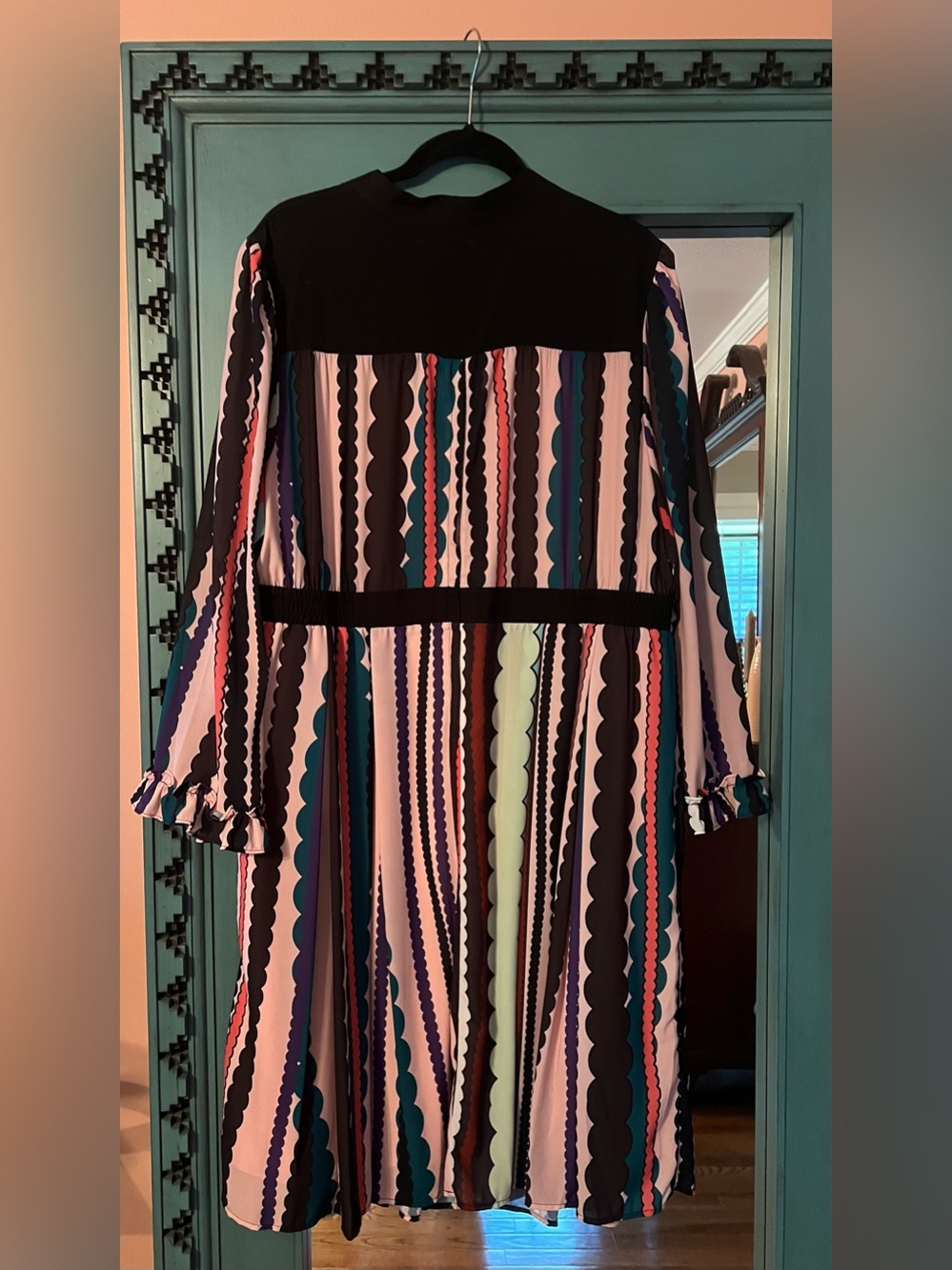 Eloquii Multicolor Scallop-Stripe Long Sleeve Dress - Black, Pink, Teal, Cream - Picture 6 of 7